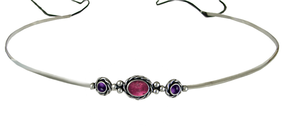 Sterling Silver Renaissance Style Exquisite Headpiece Circlet Tiara With Pink Tourmaline And Amethyst